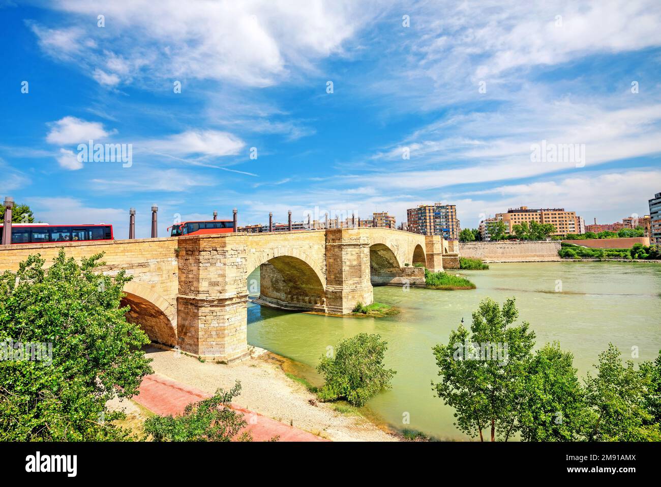 View of arch stone bridge on River Ebro in Zaragoza. Aragon, Spain Stock Photo