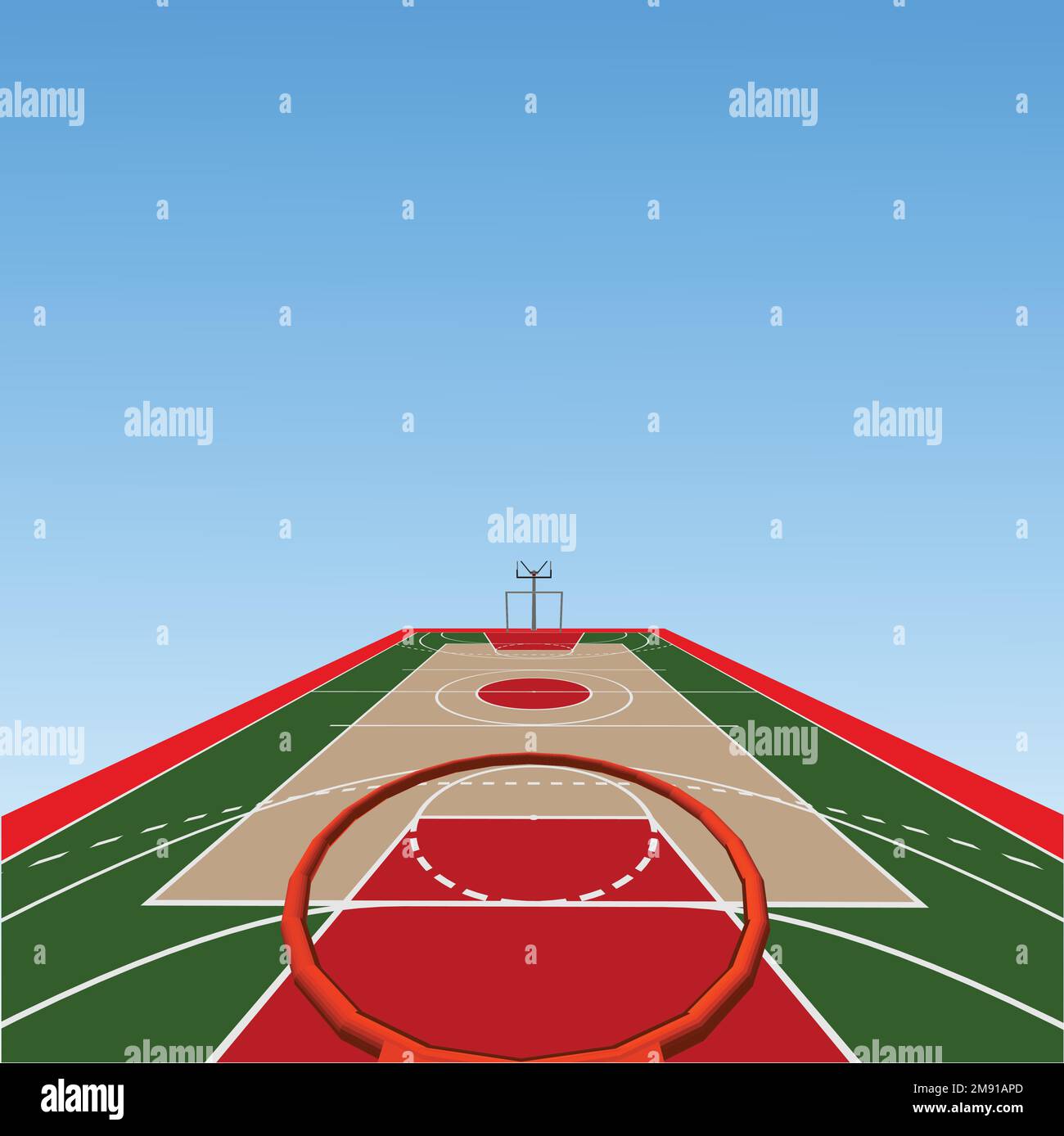 Basketball court with wooden floor, scoreboard on ceiling and empty fan