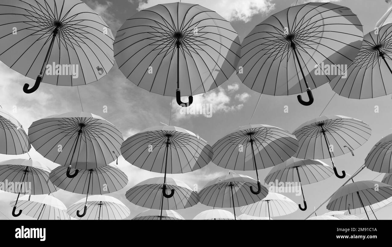 Umbrella sky background. Blue and yellow umbrellas hanging bottom up