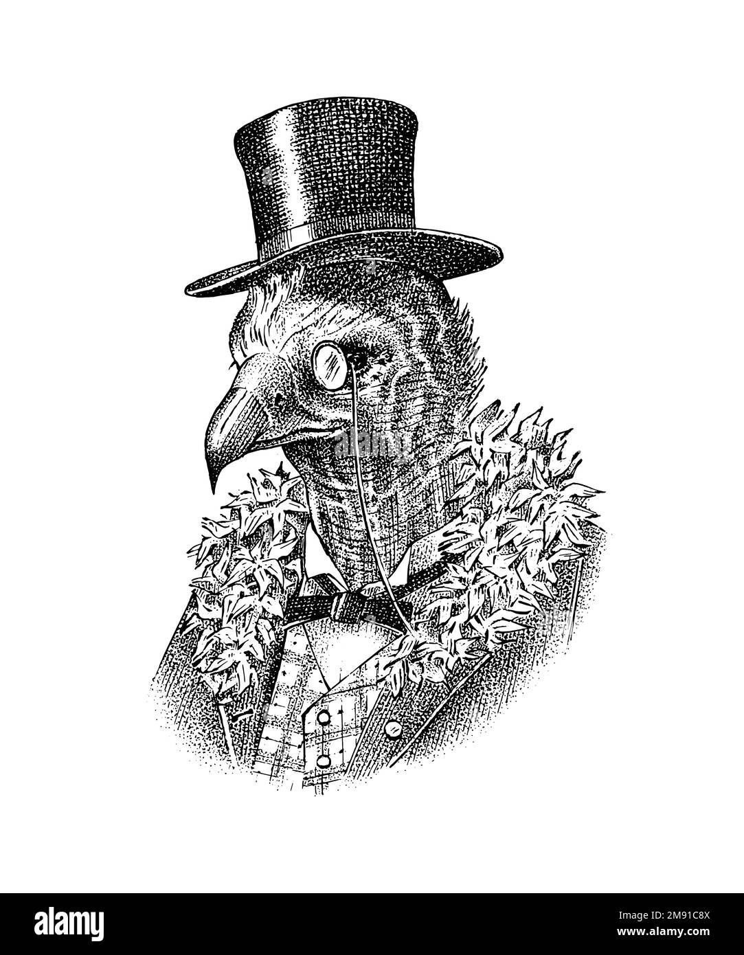 Cinereous vulture character with monocle in a hat. Fashionable Aristocrat or Rich Man. Hand drawn bird. Engraved old monochrome sketch. Stock Vector