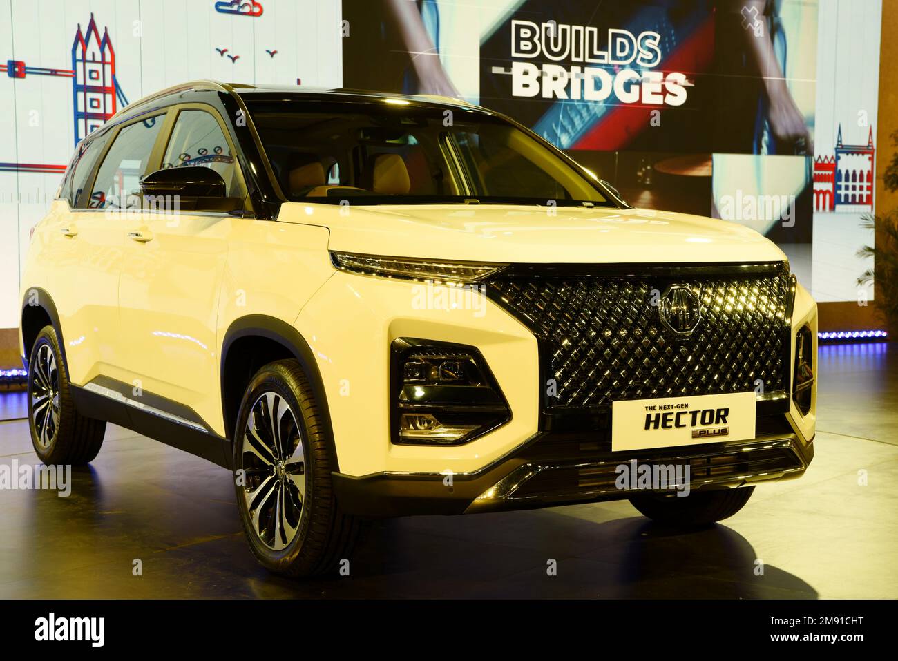 GREATER NOIDA, INDIA - JANUARY 13, 2023: MG Hector Plus car is on display at Auto Expo 2023 car show at India Expo Mart, Greater Noida in India. Stock Photo
