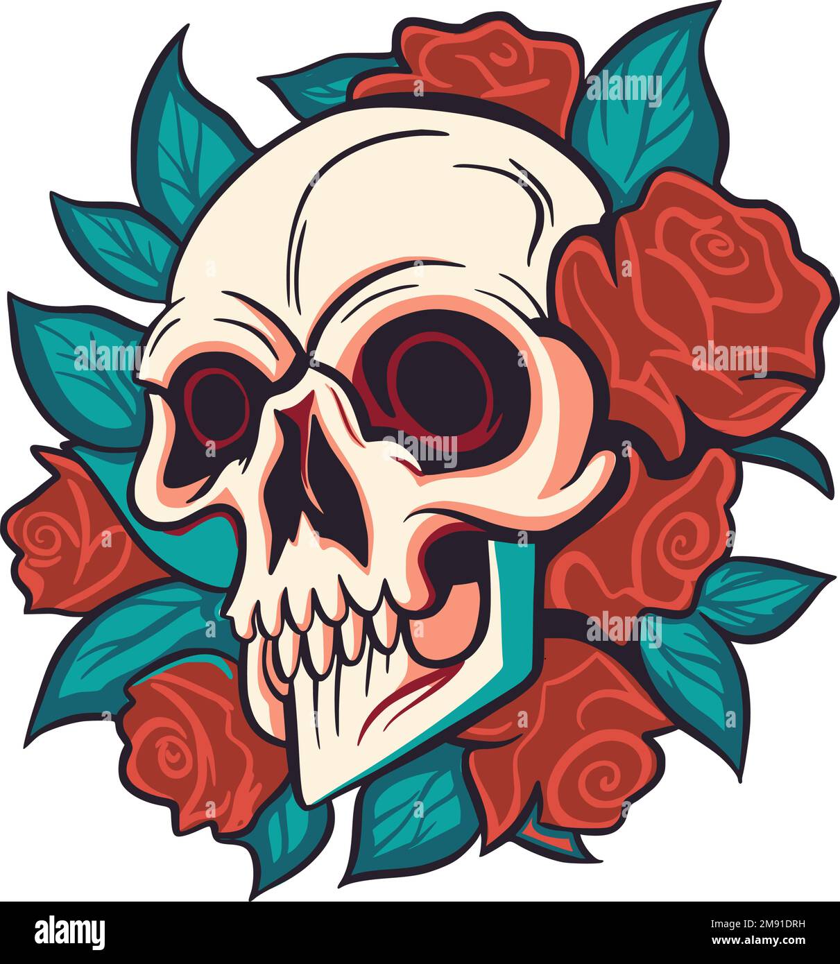 Vector skull and rose flower logo icon, Art Halloween floral detailed