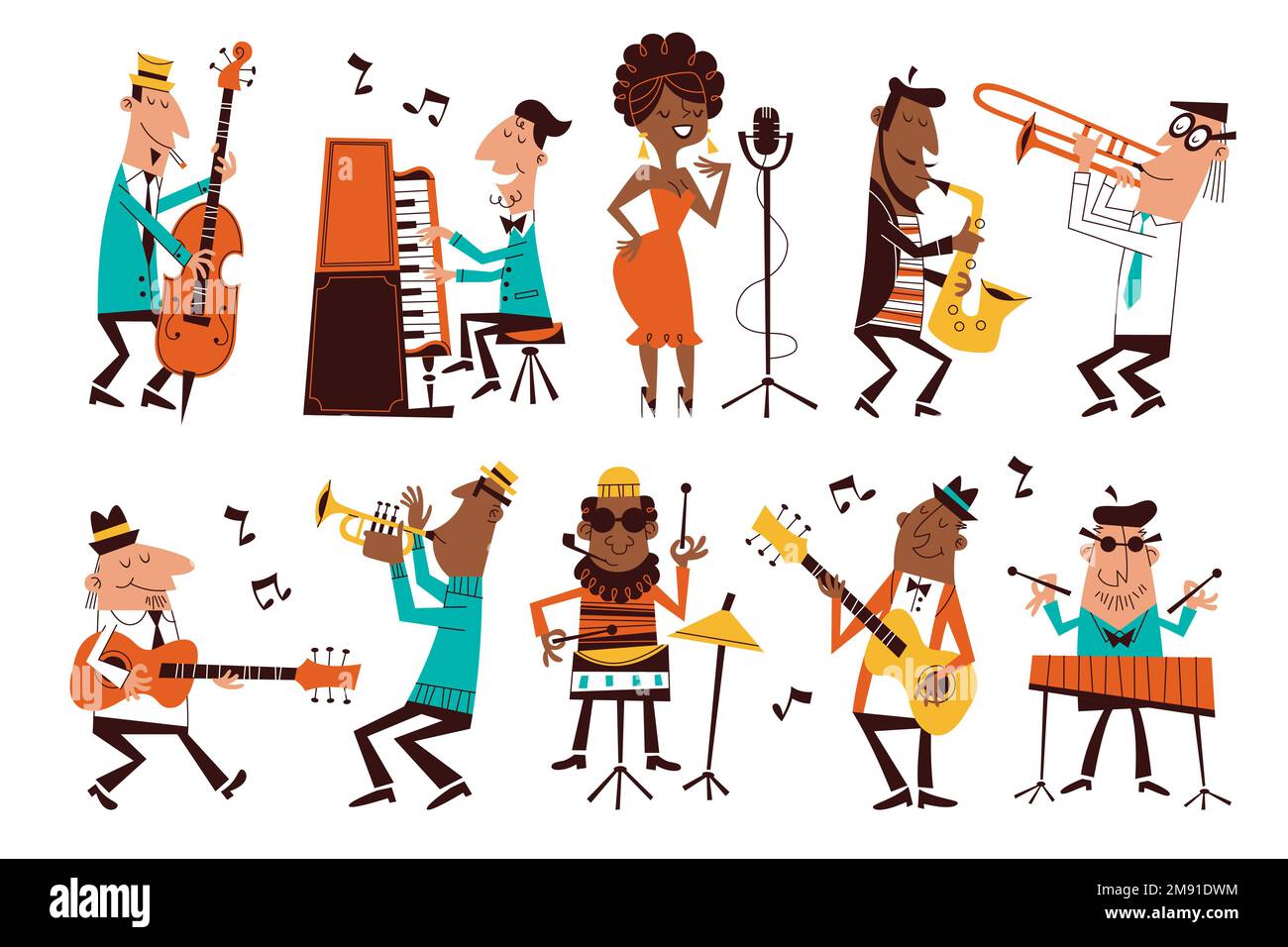 Jazz musicians. Cartoon band characters, funny people, different musical instruments, cute pianist, vocalist and saxophonist, drummer and singer, tidy Stock Vector