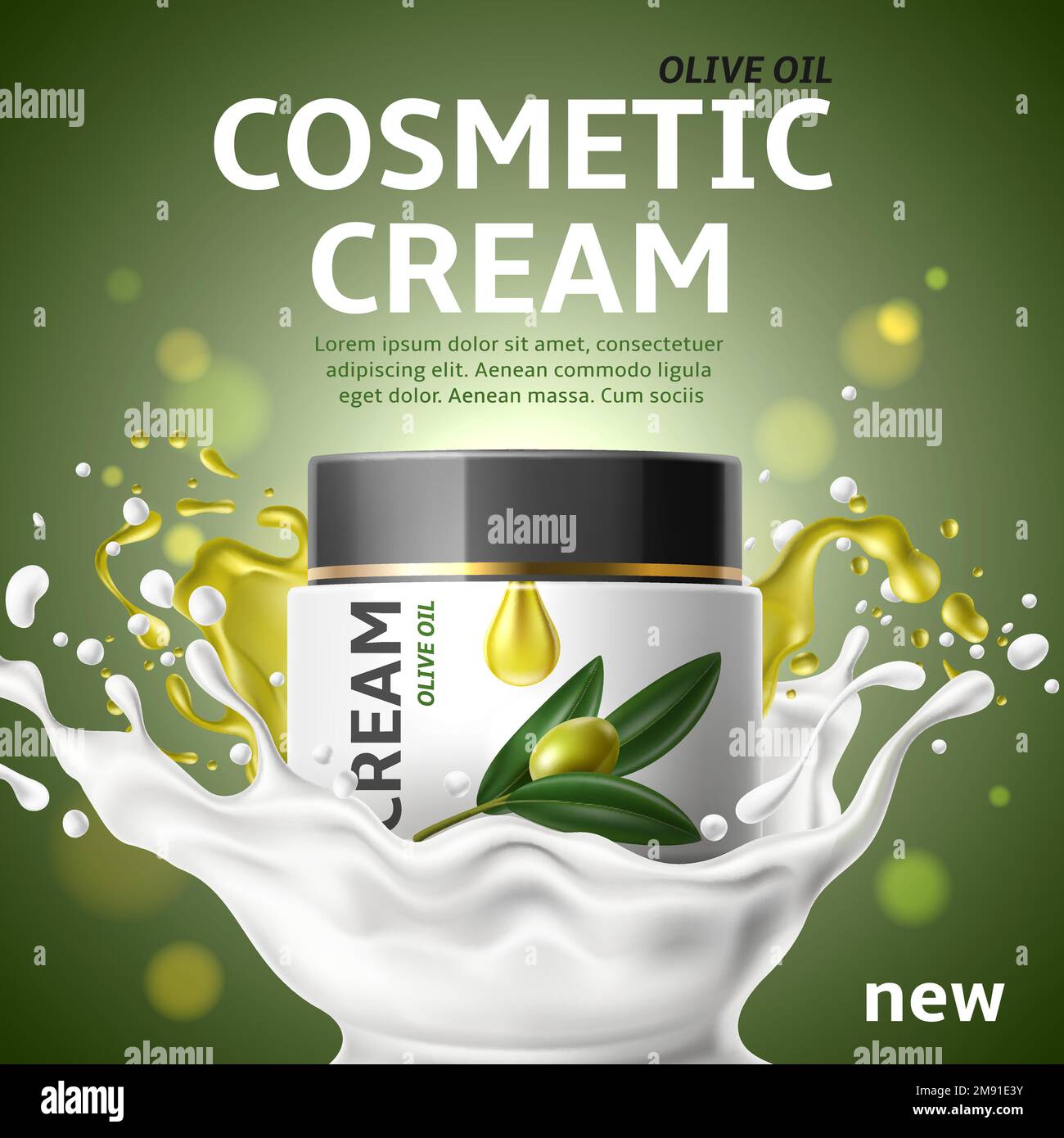 Realistic olive cosmetic poster. Milk splash with face cream jar
