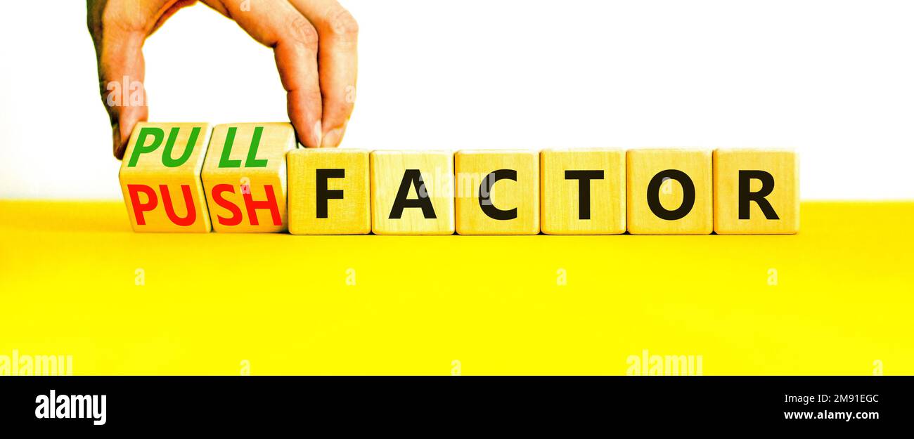 Pull or push factor symbol. Concept word Pull factor and Push factor on