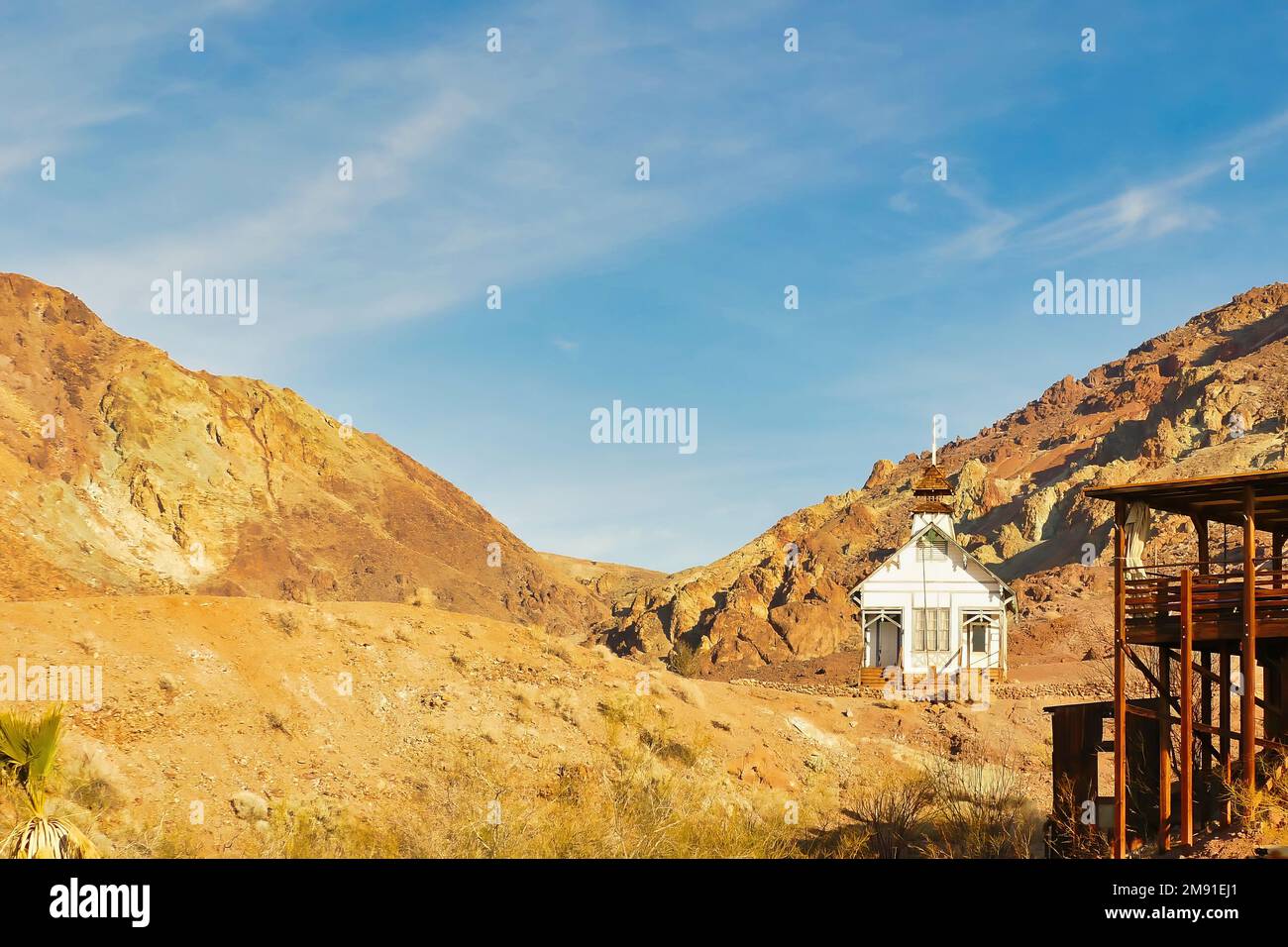 Old church in the stark desert landscape of Calico, a former Wild West