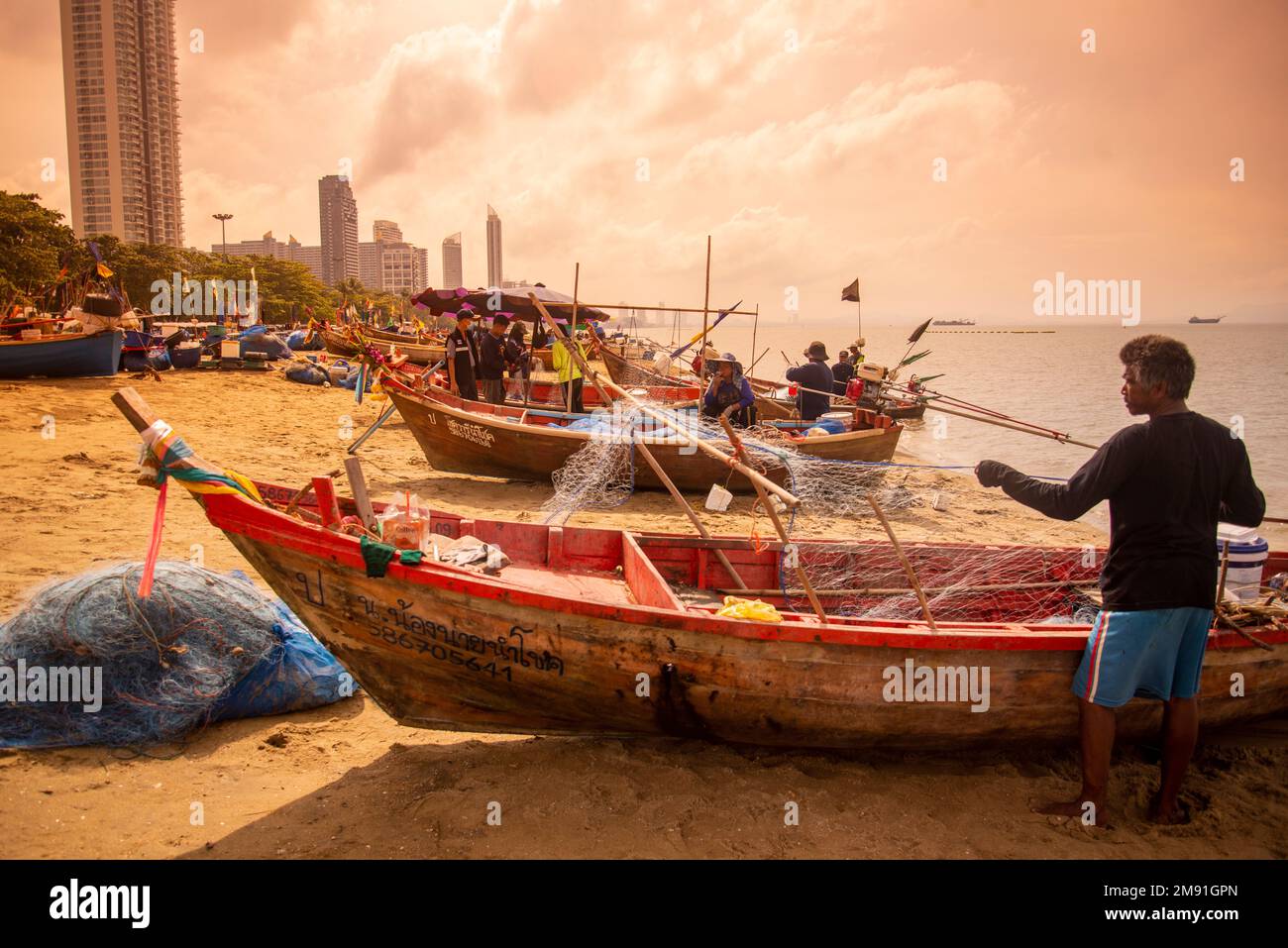 the Fishing Market, Harbour and Village at the beach in the city of Jomtien near the city of