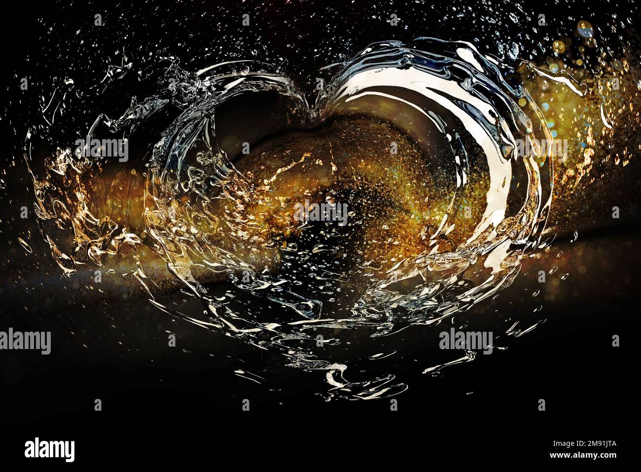 Water splashes in the shape of a heart on a black background with gold ...