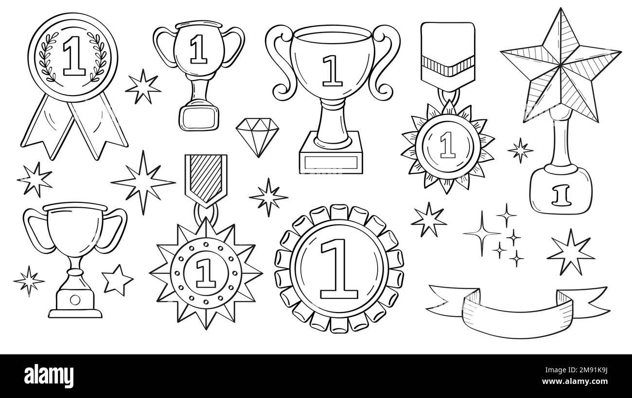 First place doodle icon. Medals and diploma set vector. Champion cup in