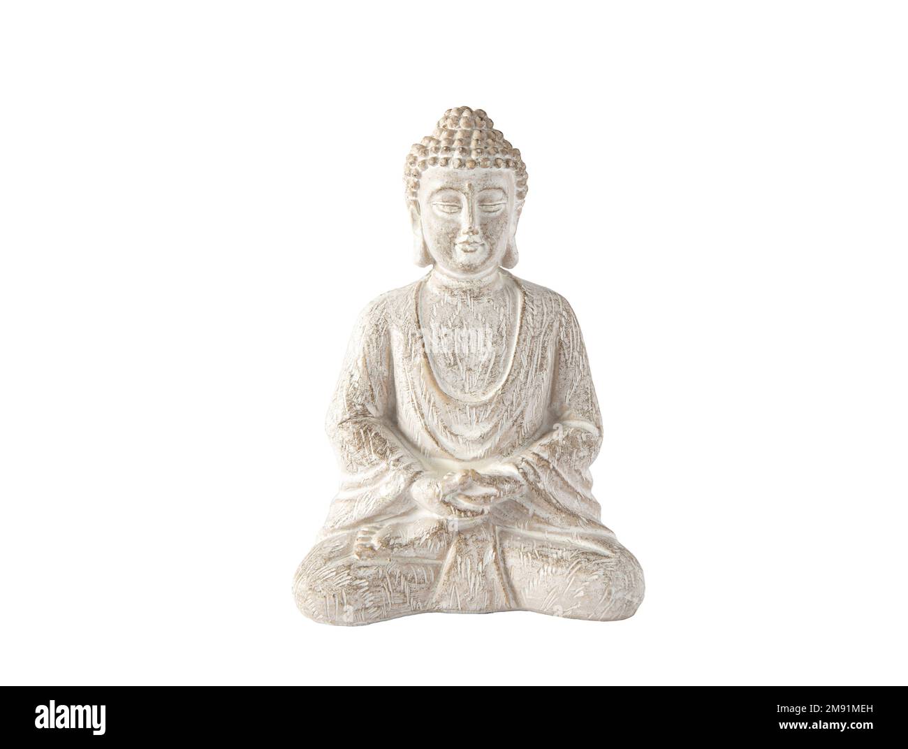 Close up view of white color sitting meditating Buddha figurine hands doing meditation Dhyana mudra gesture also known as Samadhi mudra. Stock Photo