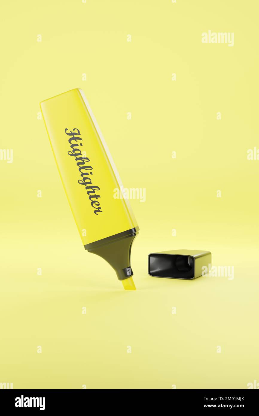 Yellow highlighter isolated on yellow background. 3d illustration Stock