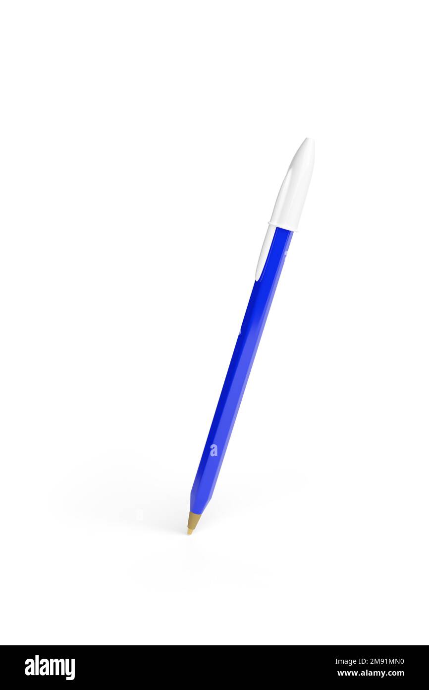 Blue ballpoint pen isolated on white background. 3d illustration Stock