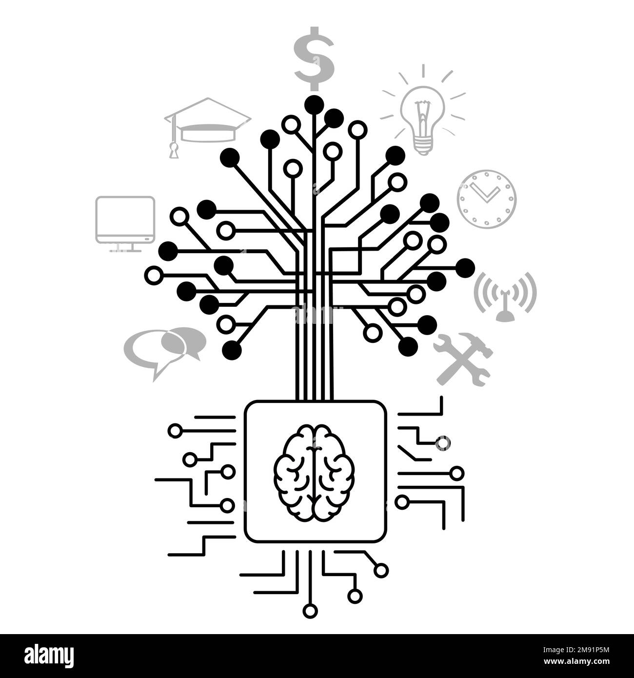 techno tree grow on brain cpu computer chip Stock Vector