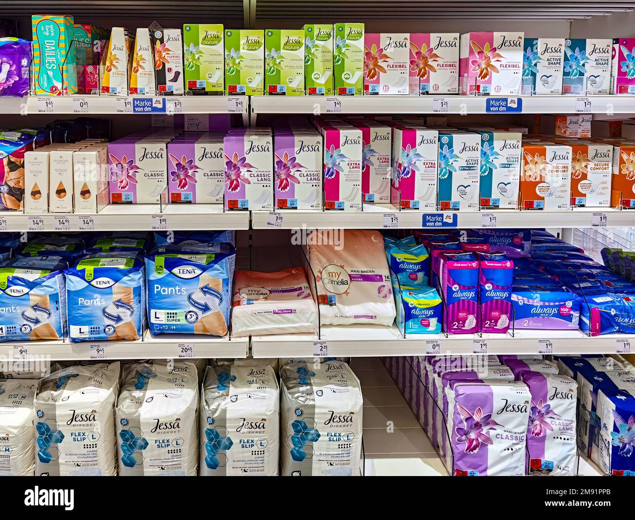Berlin, Germany - January 12, 2023: View to a shelf with packages for toiletries for women. Stock Photo