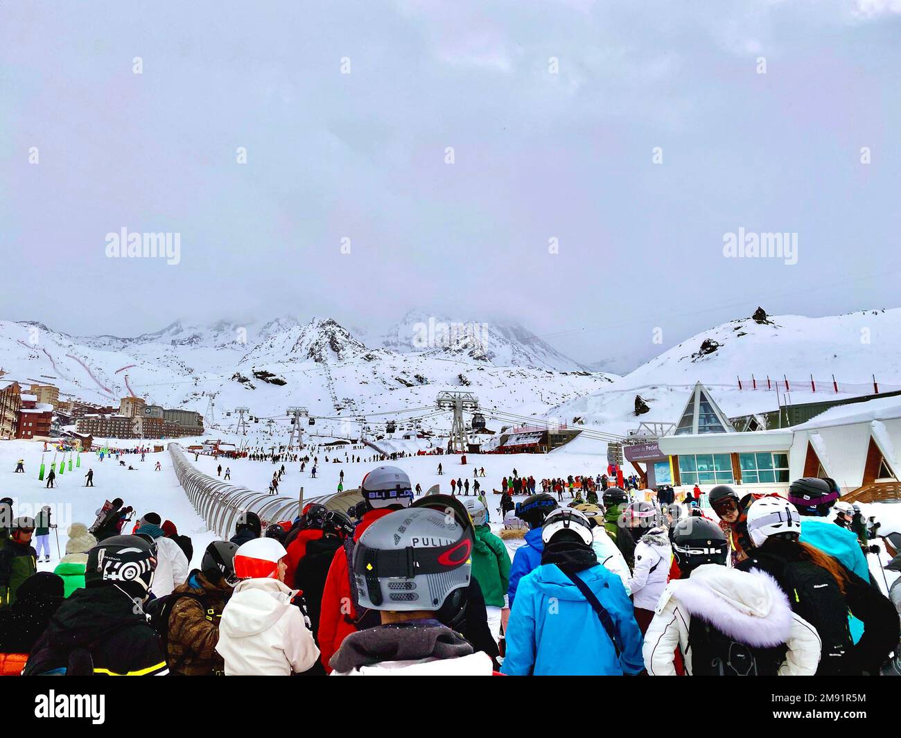 Val Thorens, France - January 15, 2023: people on vacation ski town in Tarentaise Valley in French Alps Stock Photo
