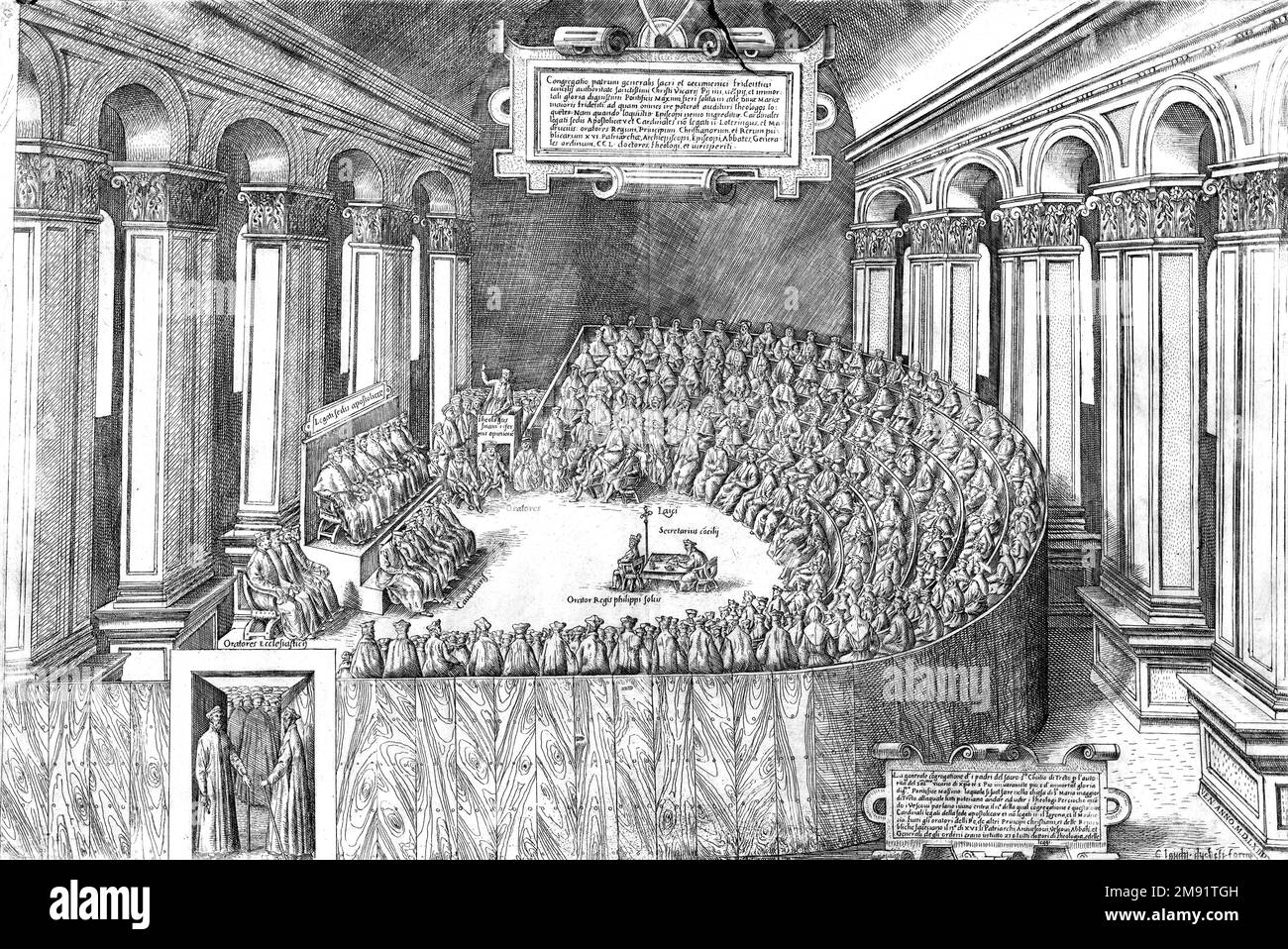 Council of Trent. Illustration of the The Council of Trent (Concilium Tridentinum), held between 1545 and 1563 in Trent (Trento). It was the 19th ecumenical council of the Catholic Church, prompted by the Protestant Reformation, and has been described as the embodiment of the Counter-Reformation. Engraving/etching published by Claudio Duchetti, 1565 Stock Photo