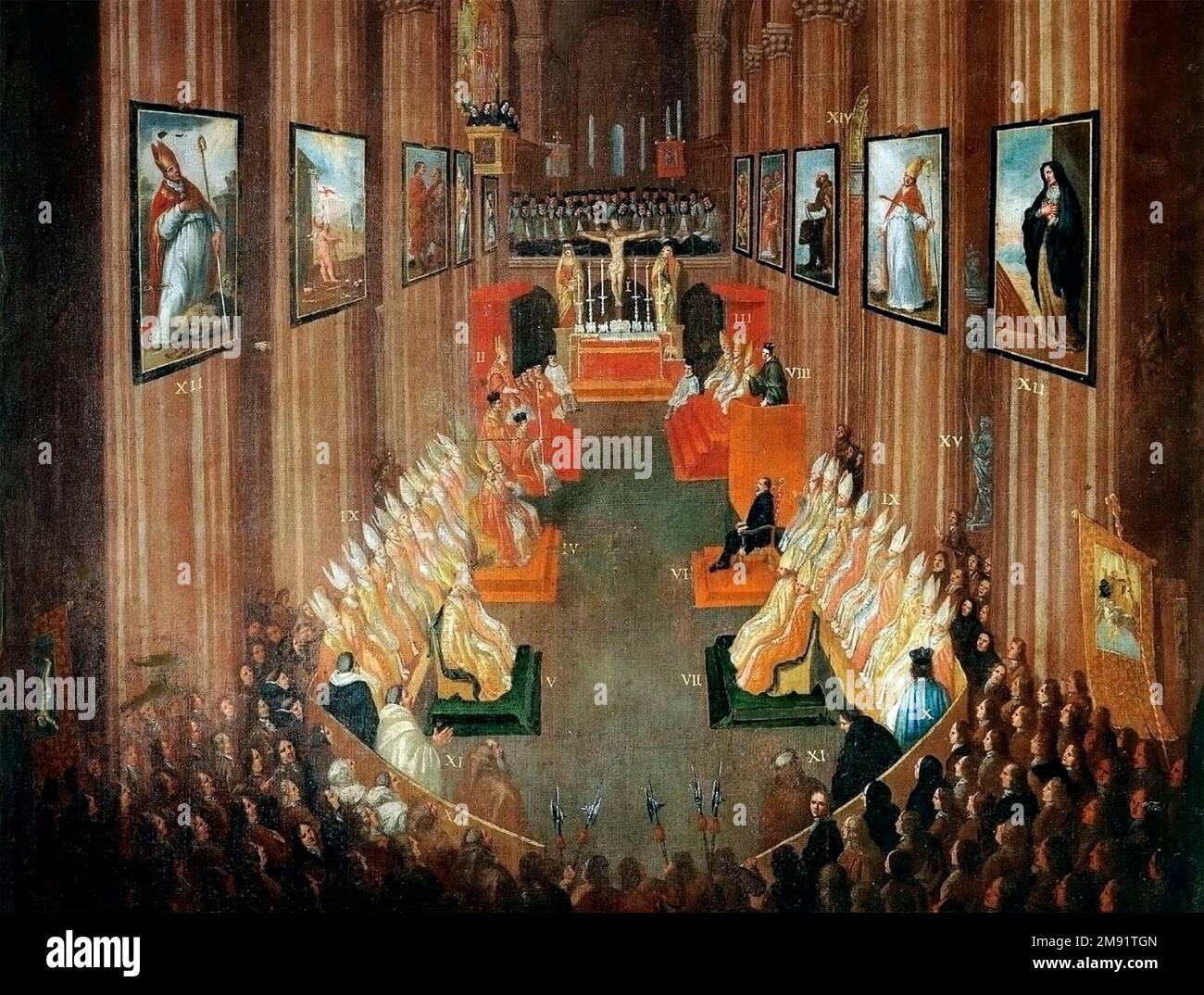 Council of Trent. Painting of the The Council of Trent (Concilium Tridentinum), held between 1545 and 1563 in Trent (Trento). It was the 19th ecumenical council of the Catholic Church, prompted by the Protestant Reformation, and has been described as the embodiment of the Counter-Reformation. Painting by Nicolò Dorigati, 1711 Stock Photo