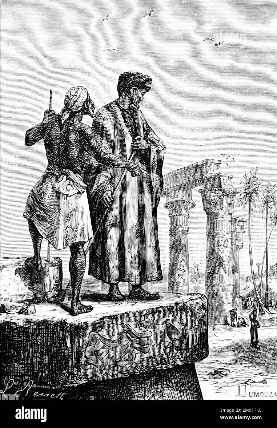 Ibn Battuta (on right). Illustration of the Berber Maghrebi scholar and explorer, Abu Abdullah Muhammad ibn Battutah (1304-1368/1369), engraving by Léon Benett from an essay by Jules Verne entitled 'Découverte de la terre' ('Discovery of the Earth'), 1878 Stock Photo