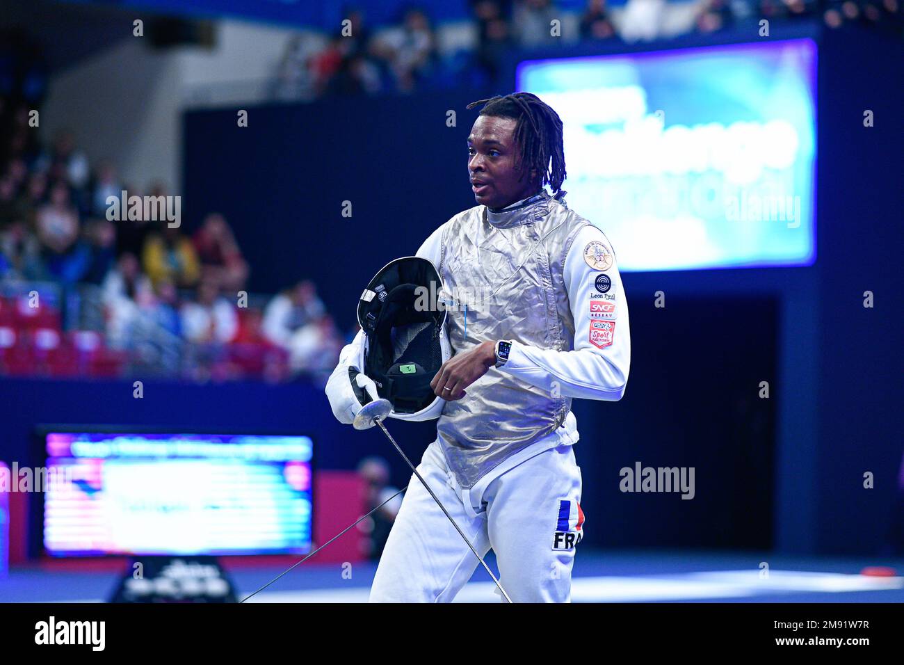 LEFORT Enzo (FRA) during the Mazars Challenge International of Fencing (foil) at Stade Pierre de Coubertin on January 14, 2023 in Paris, France. Stock Photo