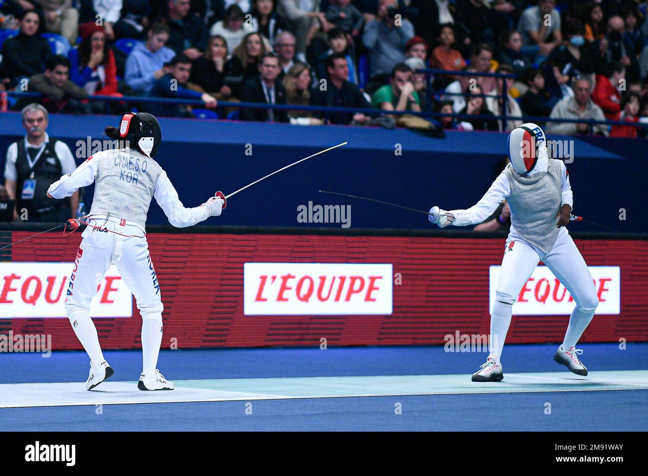 Action during the Mazars Challenge International of Fencing (foil) at Stade Pierre de Coubertin on January 14, 2023 in Paris, France. Stock Photo