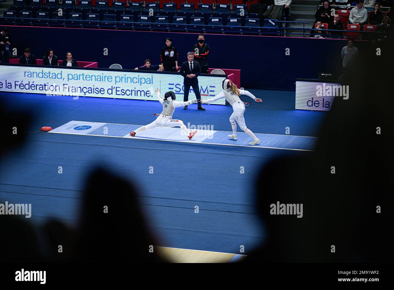 Action (illustration) during the Mazars Challenge International of Fencing (foil) at Stade Pierre de Coubertin on January 14, 2023 in Paris, France. Stock Photo