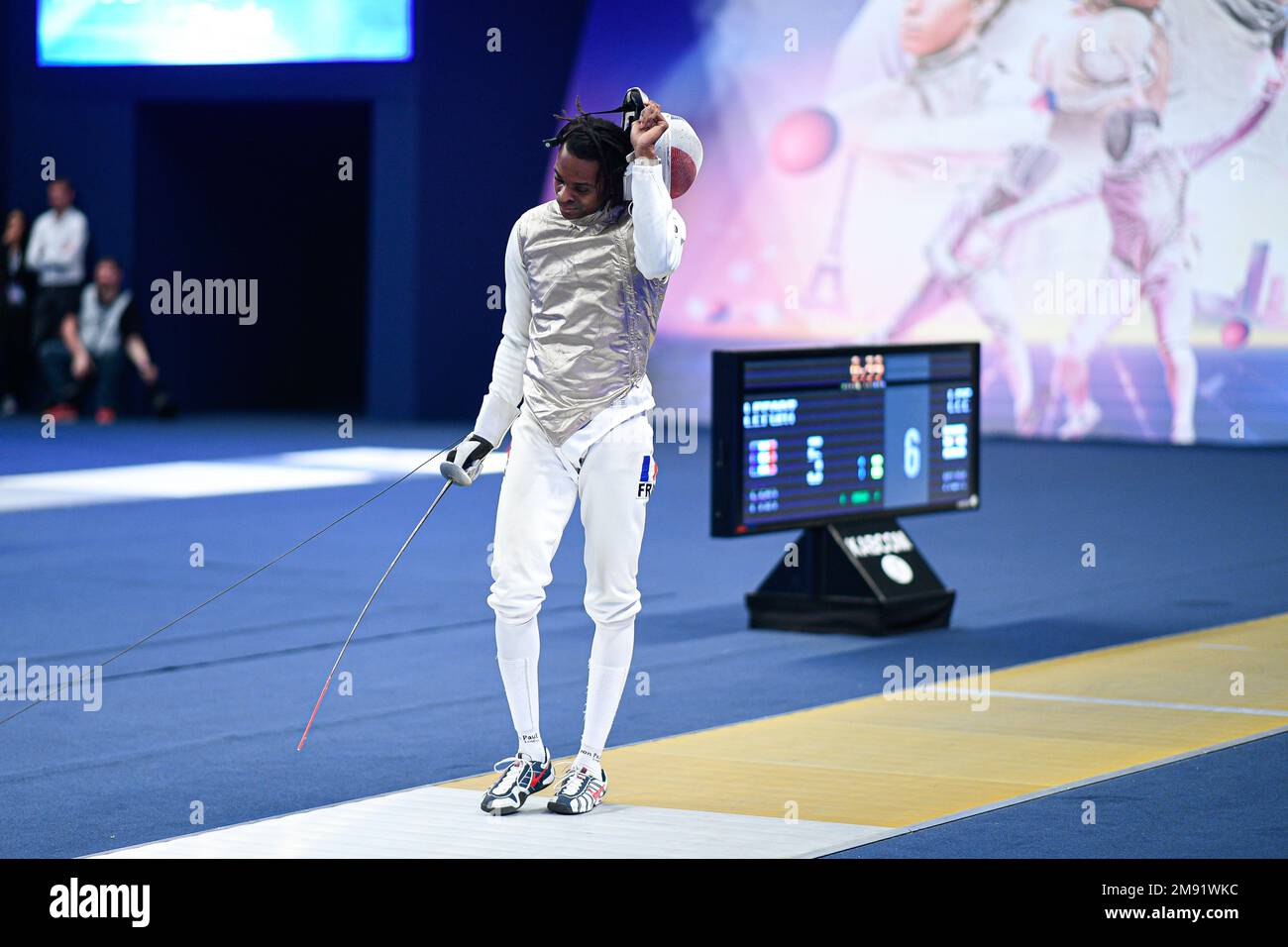 LEFORT Enzo (FRA) during the Mazars Challenge International of Fencing (foil) at Stade Pierre de Coubertin on January 14, 2023 in Paris, France. Stock Photo