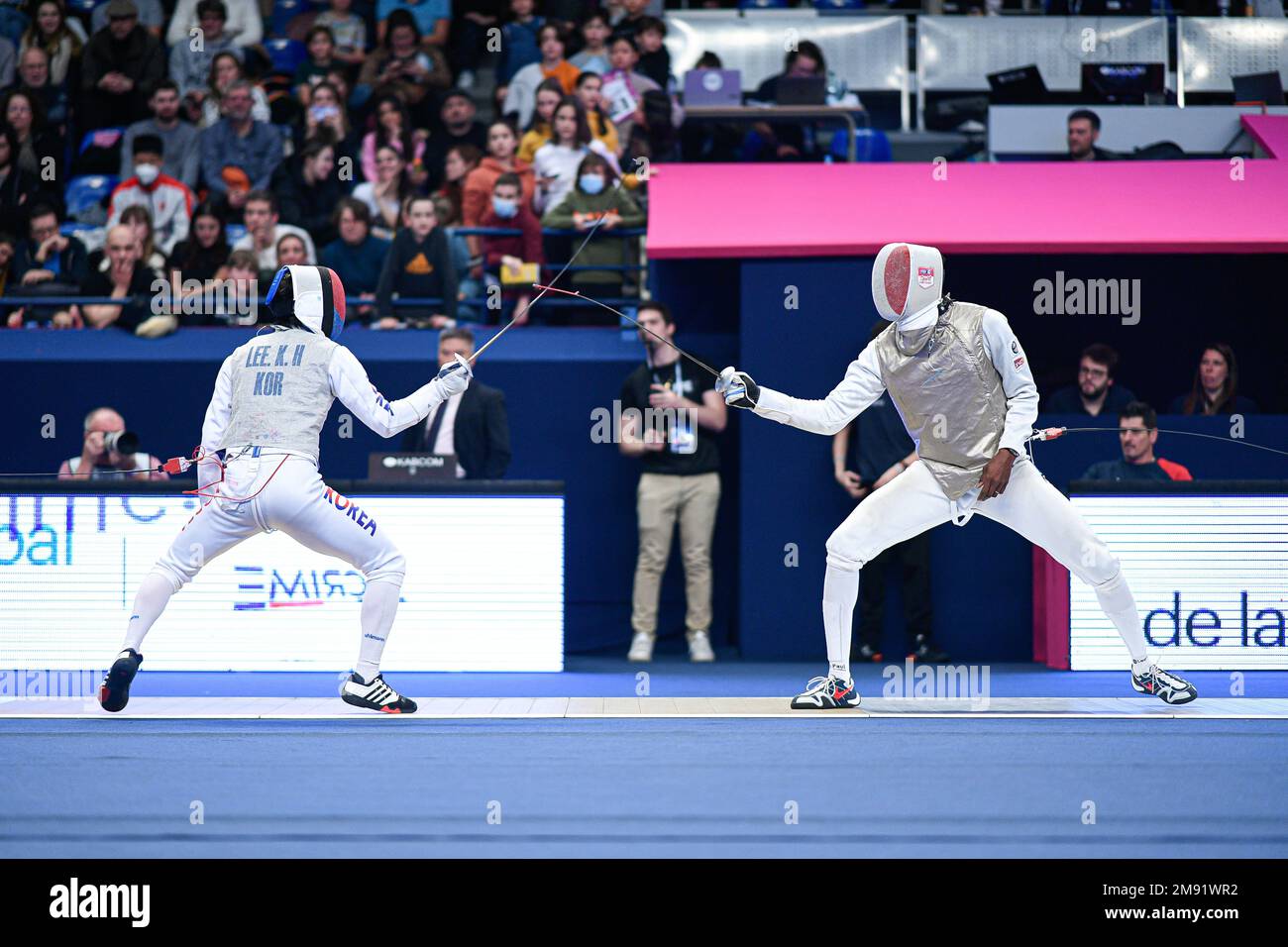 LEFORT Enzo (FRA) during the Mazars Challenge International of Fencing (foil) at Stade Pierre de Coubertin on January 14, 2023 in Paris, France. Stock Photo