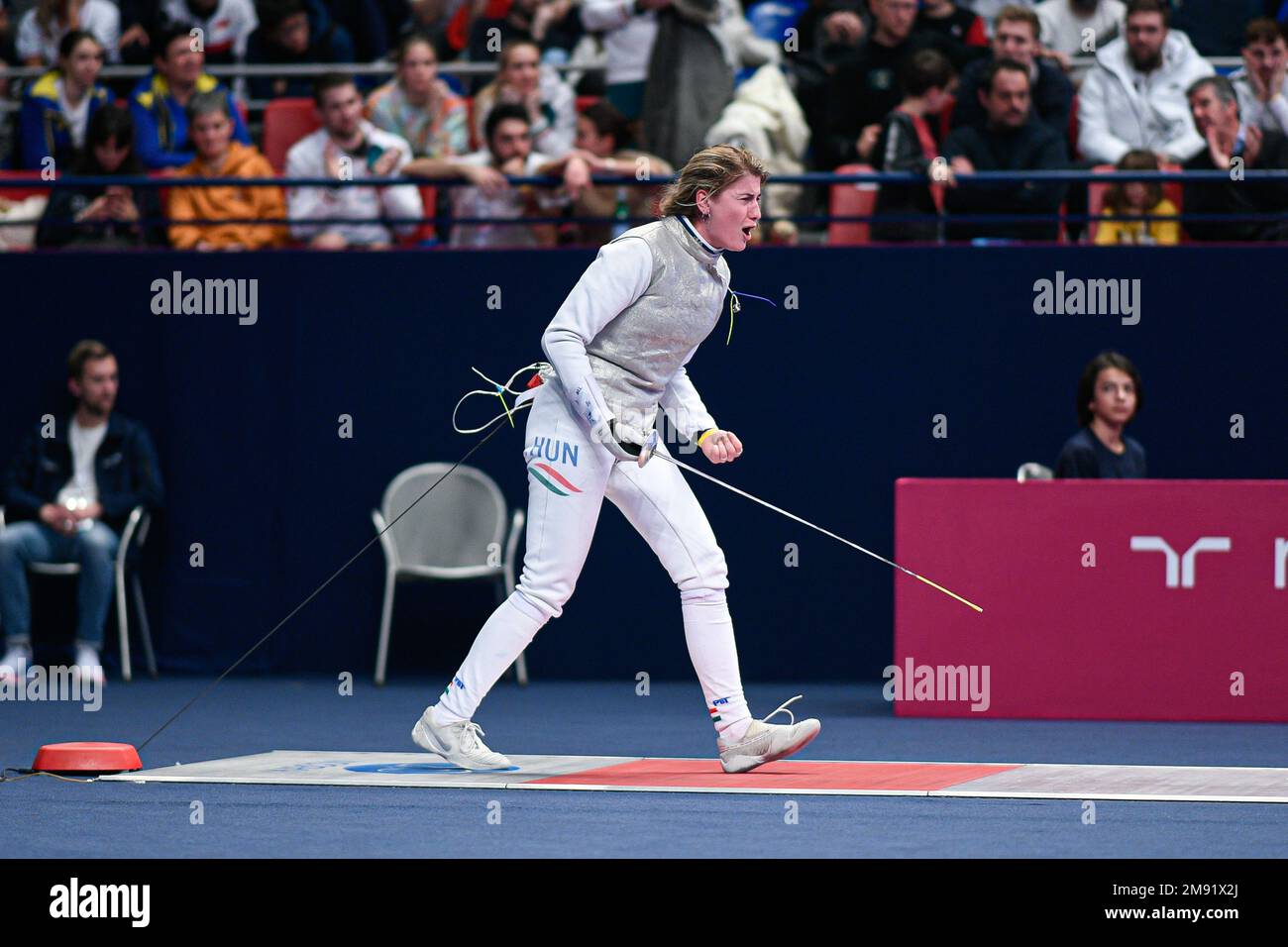 PASZTOR Flora (HUN) during the Mazars Challenge International of Fencing (foil) at Stade Pierre de Coubertin on January 14, 2023 in Paris, France. Stock Photo
