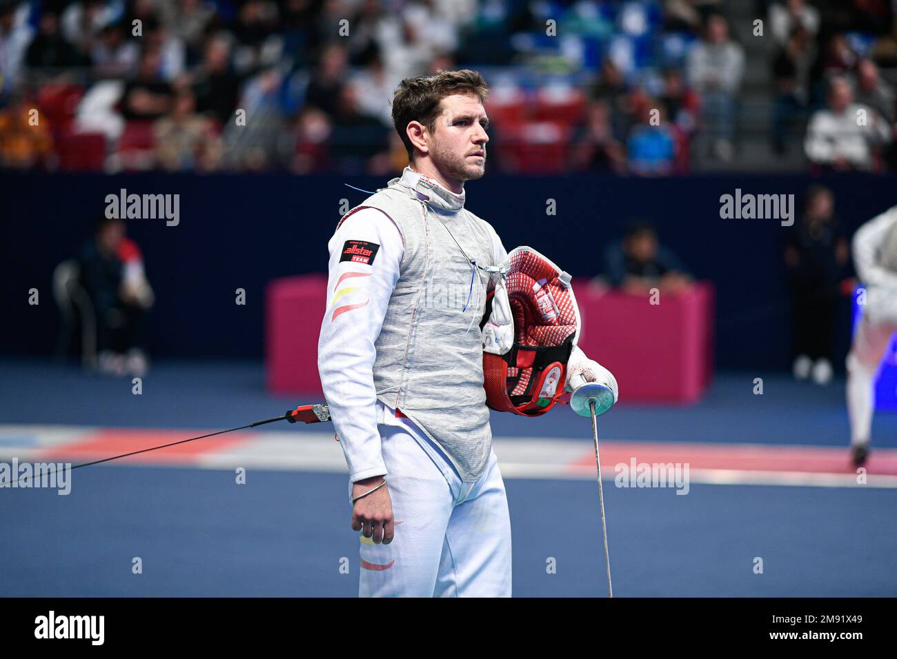 Carlos Llavador (SPA) during the Mazars Challenge International of Fencing (foil) at Stade Pierre de Coubertin on January 14, 2023 in Paris, France. Stock Photo