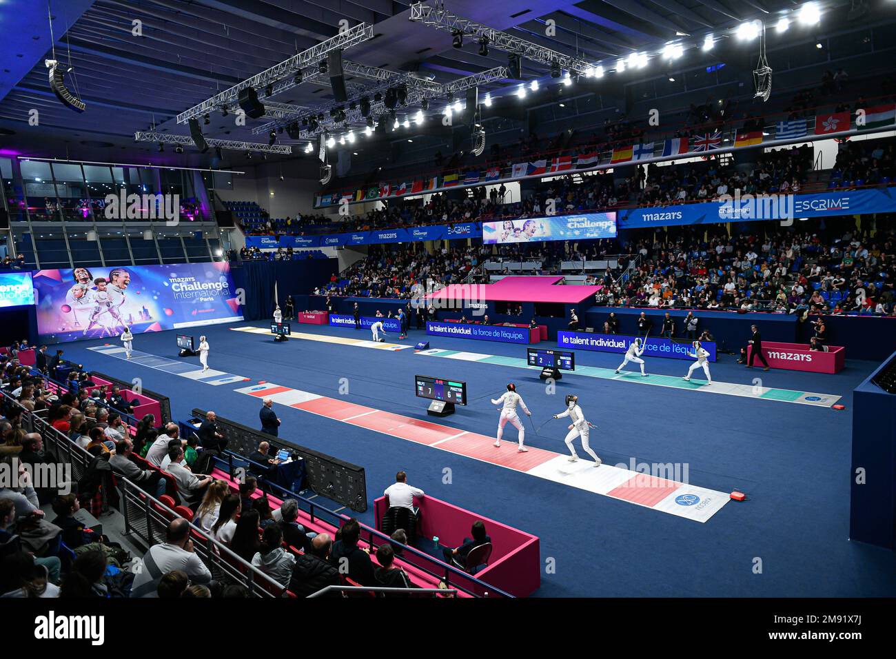 General view illustration during the Mazars Challenge International of Fencing (foil) at Stade Pierre de Coubertin on January 14, 2023 in Paris, France. Stock Photo