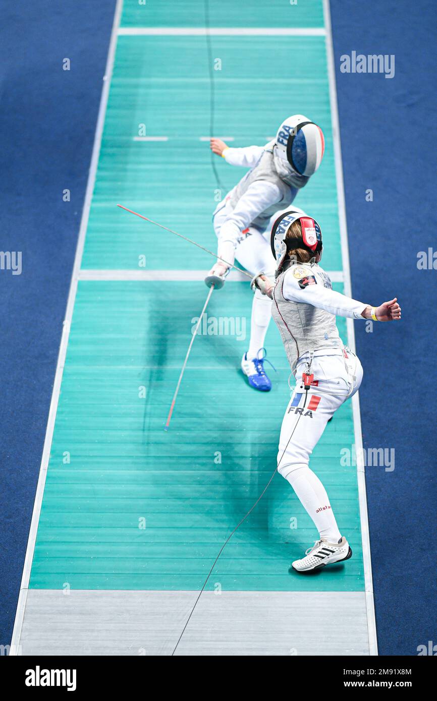 Action illustration during the Mazars Challenge International of Fencing (foil) at Stade Pierre de Coubertin on January 14, 2023 in Paris, France. Stock Photo