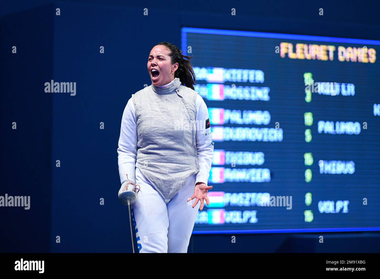 Alice Volpi (ITA) during the Mazars Challenge International of Fencing (foil) at Stade Pierre de Coubertin on January 14, 2023 in Paris, France. Stock Photo