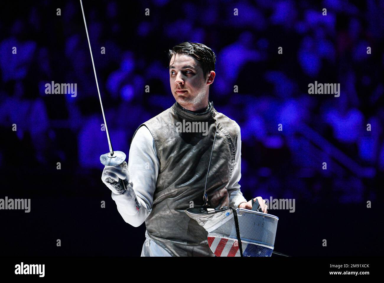 MASSIALAS Alexander (USA) during the Mazars Challenge International of Fencing (foil) at Stade Pierre de Coubertin on January 14, 2023 in Paris, France. Stock Photo
