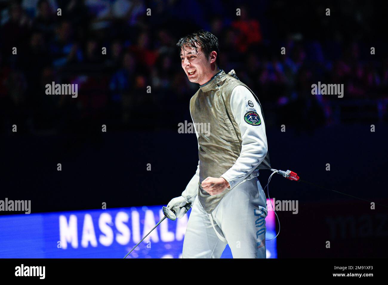 MASSIALAS Alexander (USA) during the Mazars Challenge International of Fencing (foil) at Stade Pierre de Coubertin on January 14, 2023 in Paris, France. Stock Photo