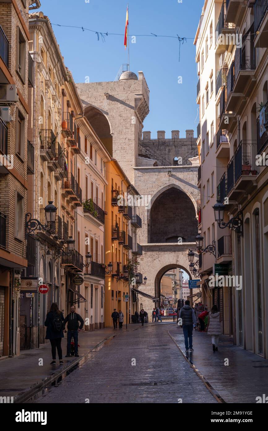 Torre de Serranos, a Gothic tower that worked as a gate to the  old town of Valencia. Spain. It was part of the city wall. Stock Photo