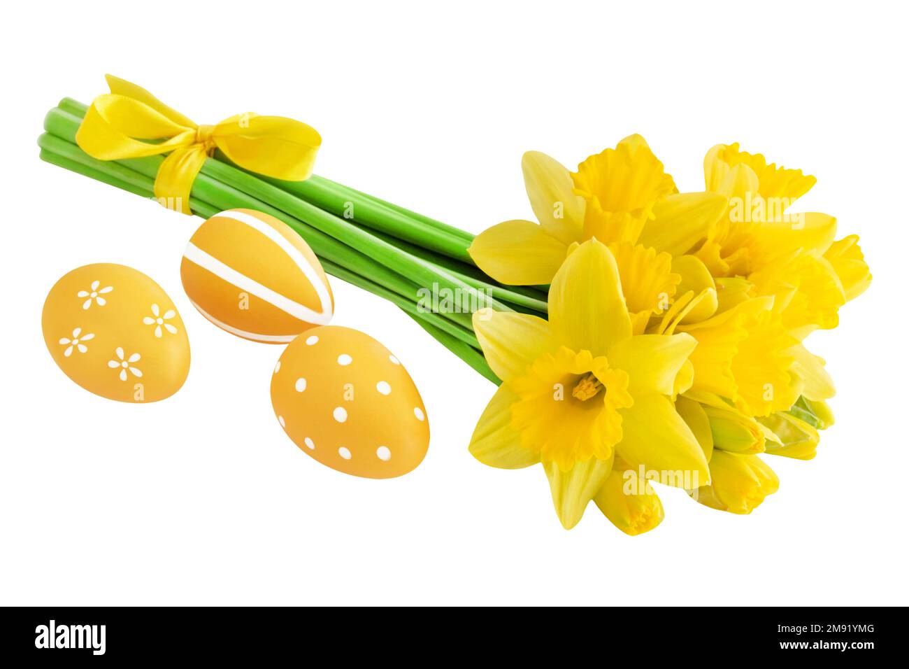 Yellow Daffodils and Easter Eggs isolated on white background Stock Photo
