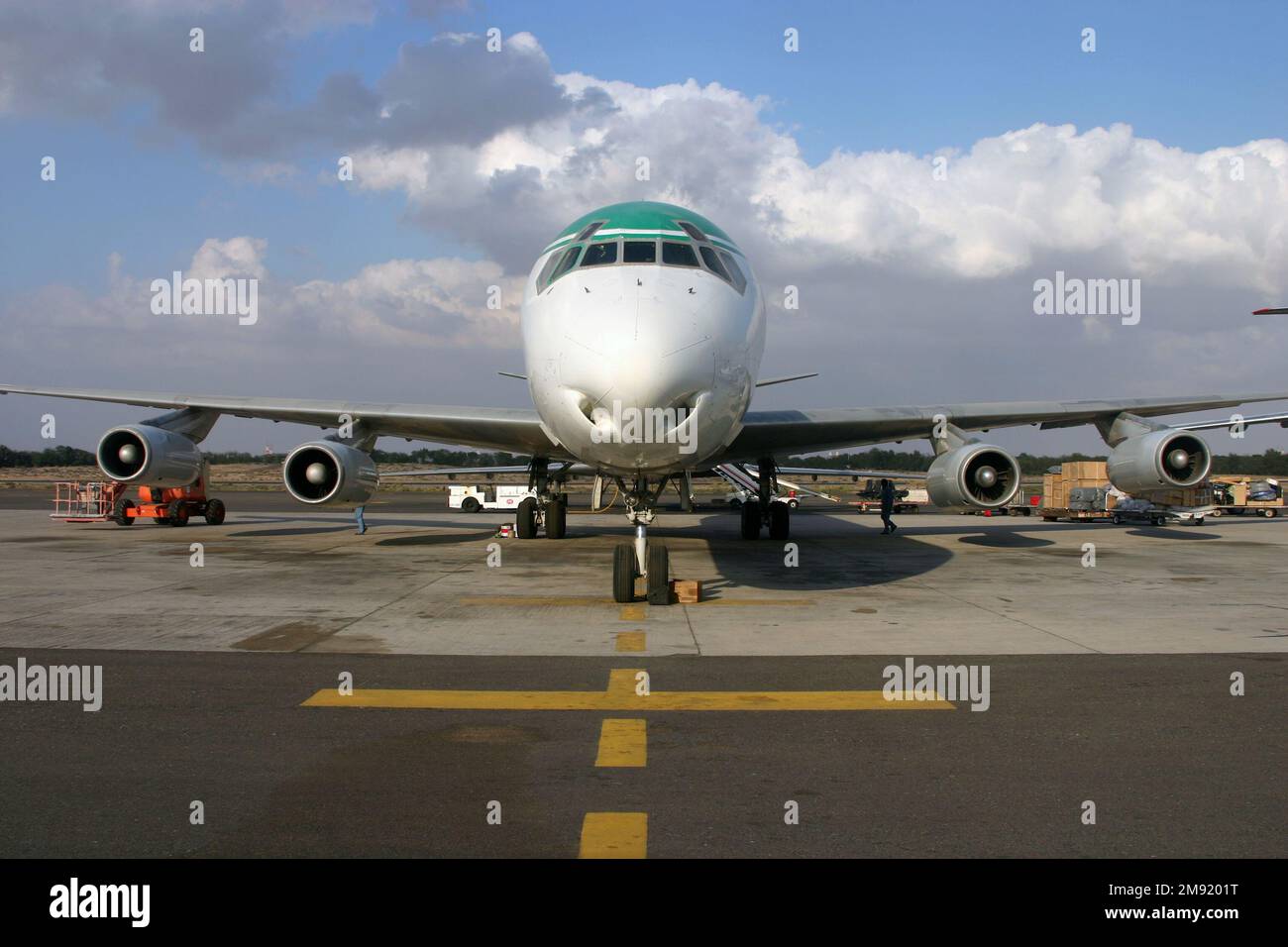 Frontal view of a Douglas DC-8-63 freight airliner on the ramp at Sharjah Airport UAE Stock Photo