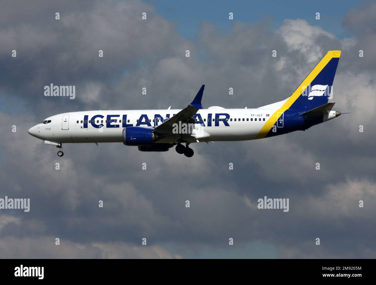 A Boeing 7378 MAX of Icelandair lands at London Gatwick Airport Stock