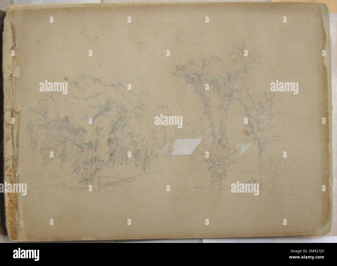 Sketchbook, Conway, New Hampshire David Johnson (American, 1827-1908). Sketchbook, Conway, New Hampshire, July-October 1851. Graphite, chalk, and opaque watercolor on medium-weight, beige, wove paper, sketchbook, sketchbook: 4 7/8 x 6 3/4 x 5/16 in. (12.4 x 17.1 x 0.8 cm).  A landscape painter who devoted himself to the careful study of nature, Johnson traveled throughout the Northeast collecting sketches that he would then use to create highly detailed paintings in his studio. Some of his haunts included the Catskill and Adirondack mountains in New York and the White Mountains in New Hampshir Stock Photo