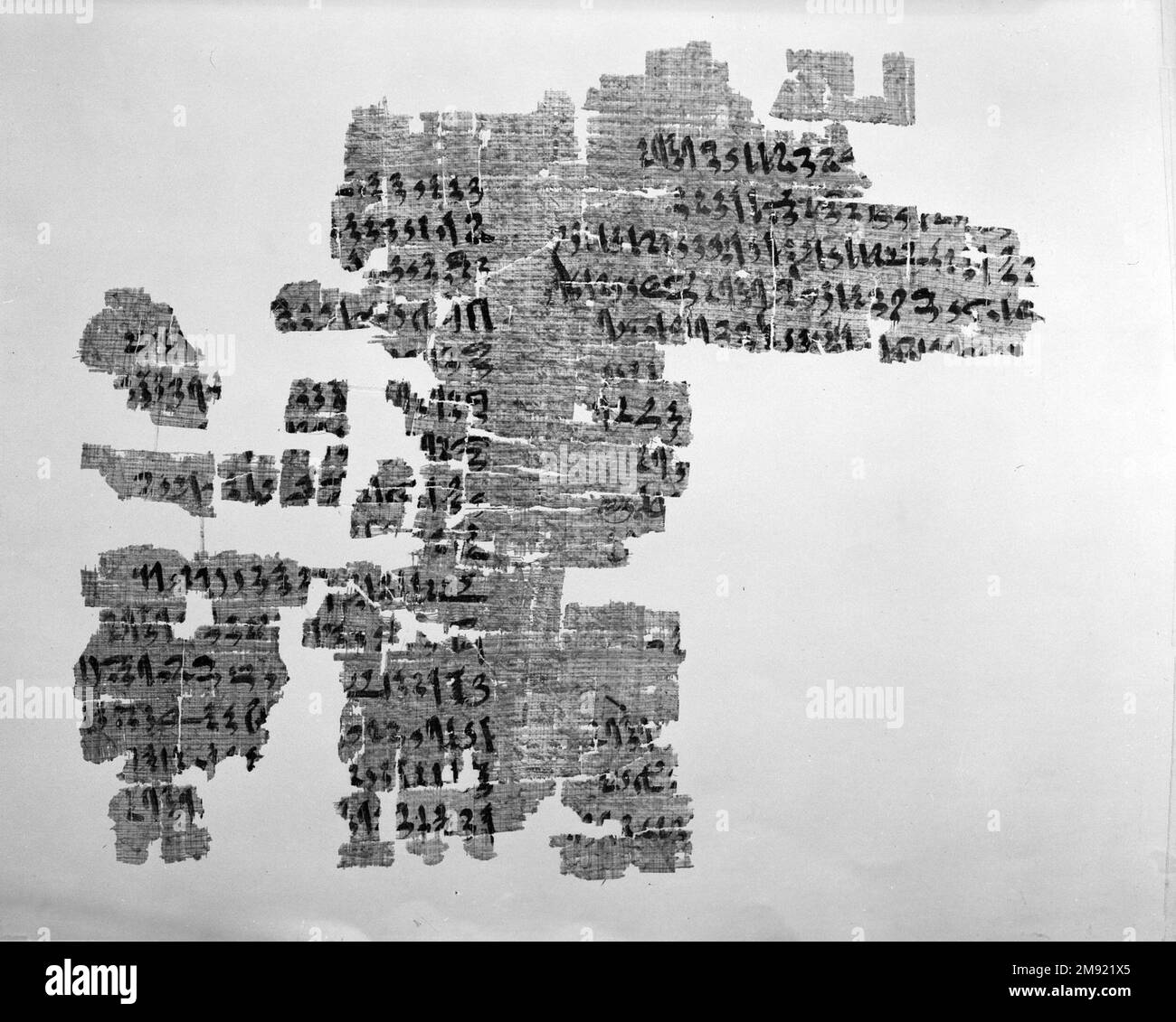 Portion of a Historical Text Portion of a Historical Text, ca. 1809-1743 B.C.E. Papyrus, ink, 35.1446a-e: 11 1/2 × 71 5/8 in. (29.2 × 182 cm).  When complete, the papyrus to which this fragment belonged measured almost seven feet long. The texts are written in a cursive form of hieroglyphs called hieratic. Differences in handwriting and in the historical events described demonstrate that different scribes added new inscriptions over several generations. The most important text recounts the efforts of a Thirteenth Dynasty Theban noblewoman named Senebtisi to establish legal ownership of ninety- Stock Photo
