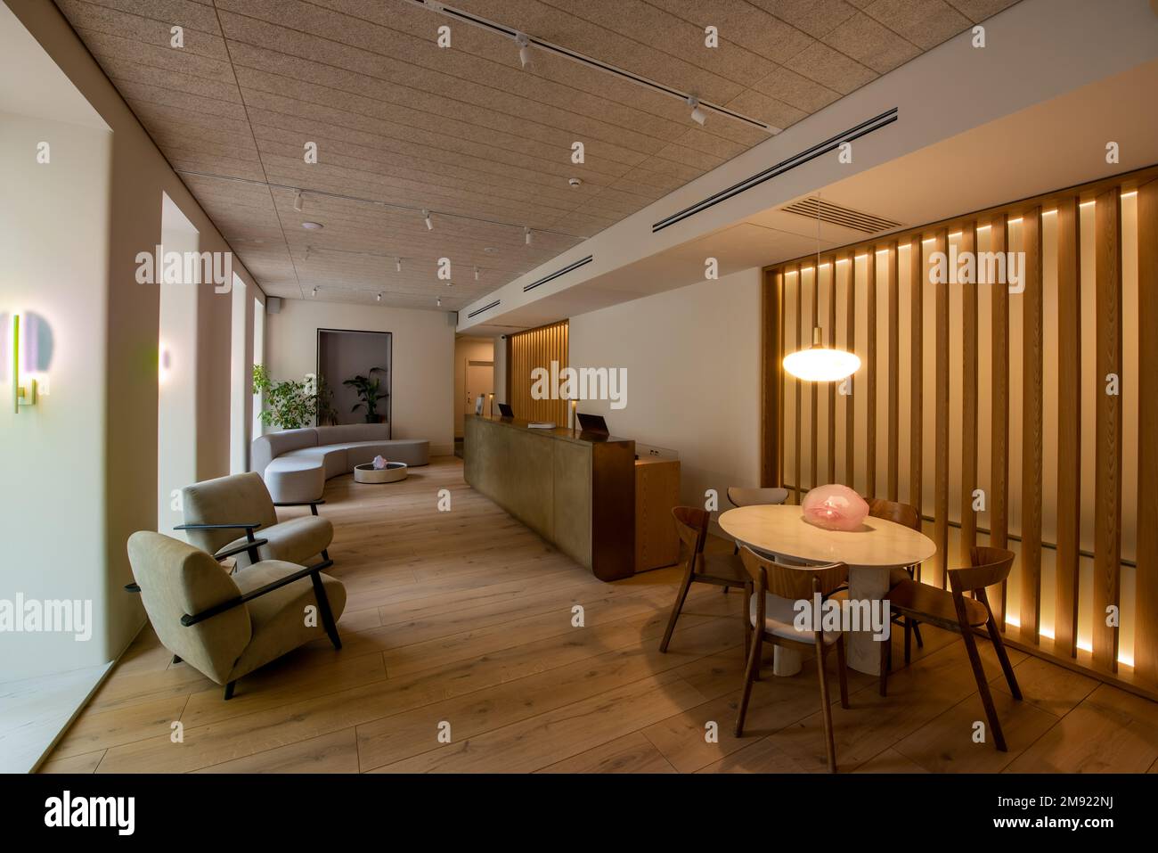 luxury reception desk near modern sofa and armchairs in hotel lobby