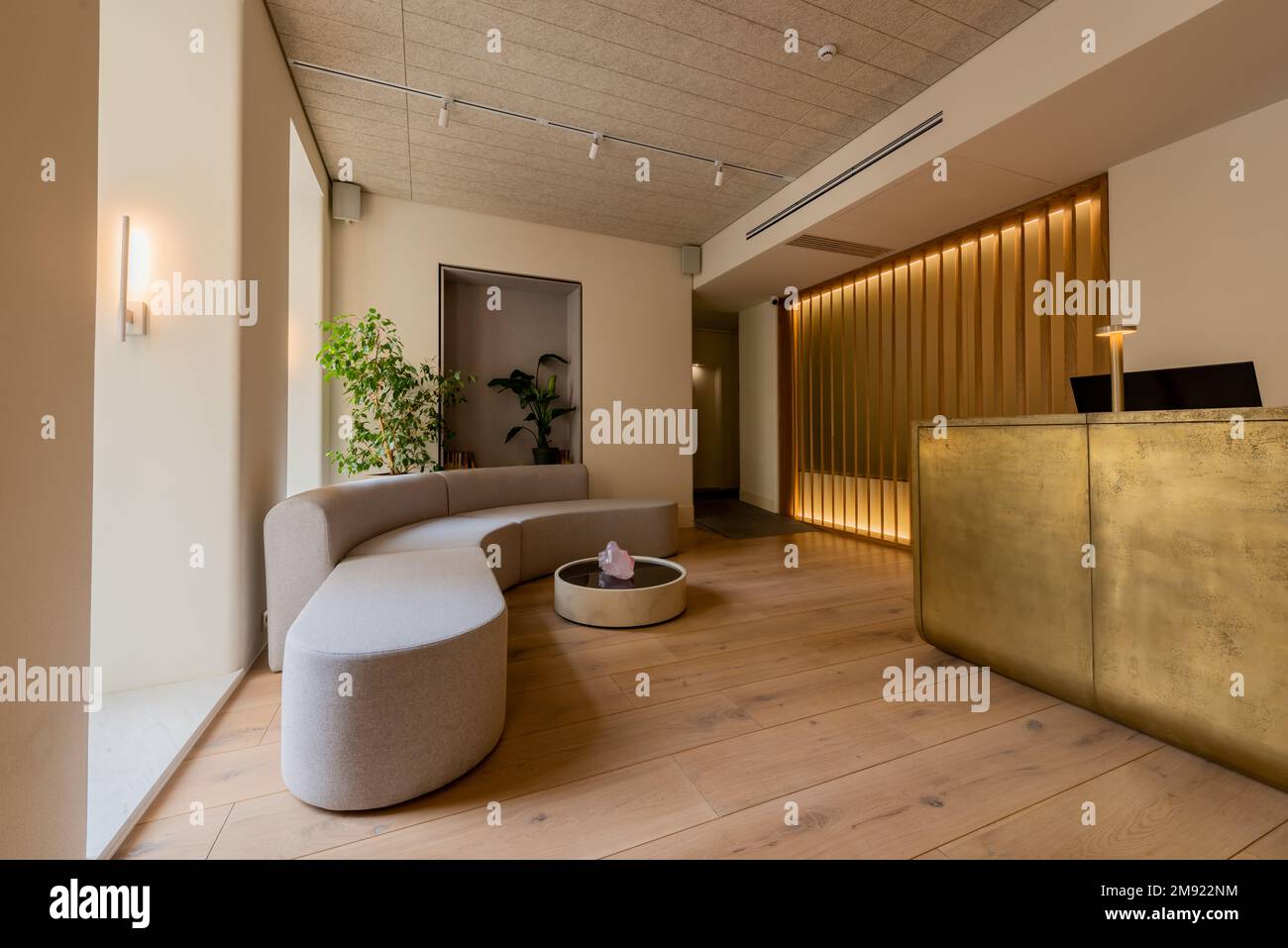 luxury reception desk near modern sofa and coffee table in hotel lobby