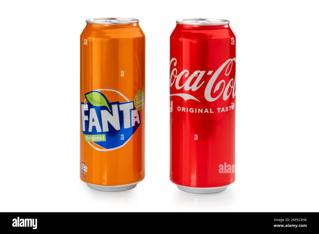italy - january 14, 2023: Can of Coca Cola original taste with can of Fanta Original soft drink with orange juice isolated on white with clipping path Stock Photo