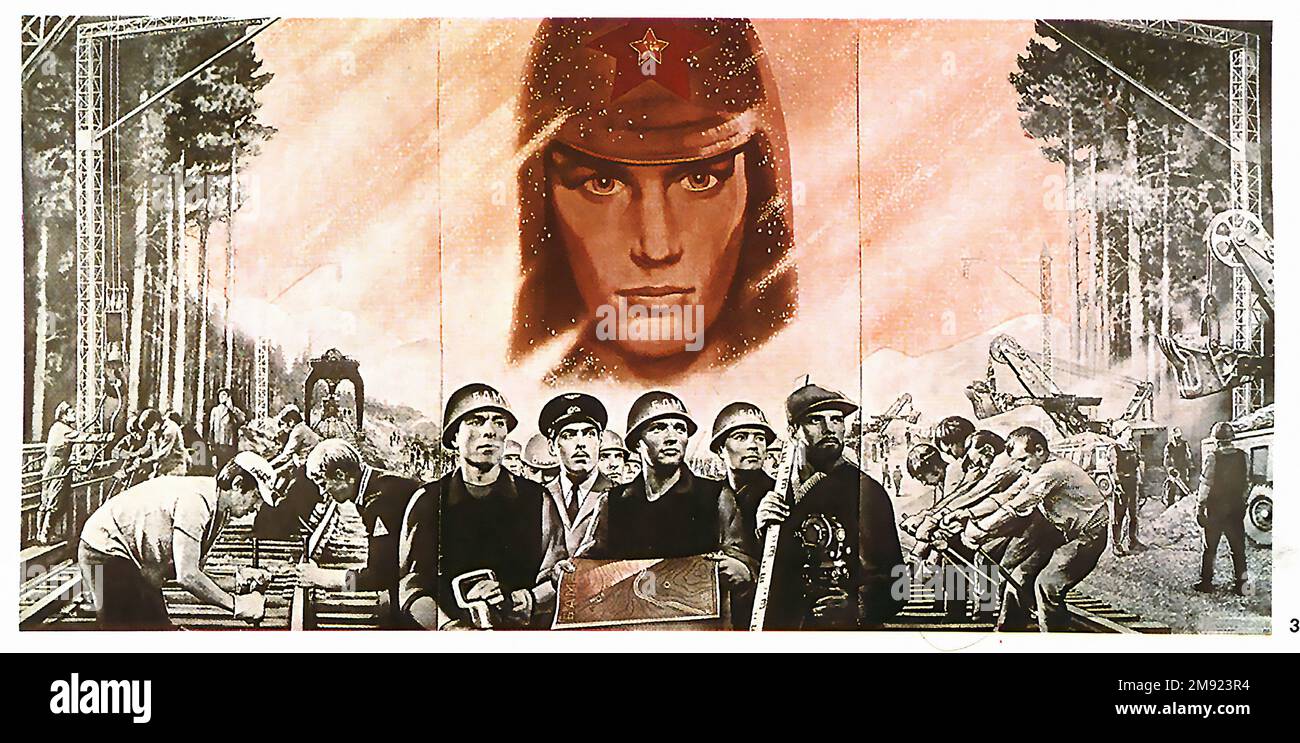 Building Railroads (Translated from Russian) - Vintage USSR soviet propaganda poster Stock Photo