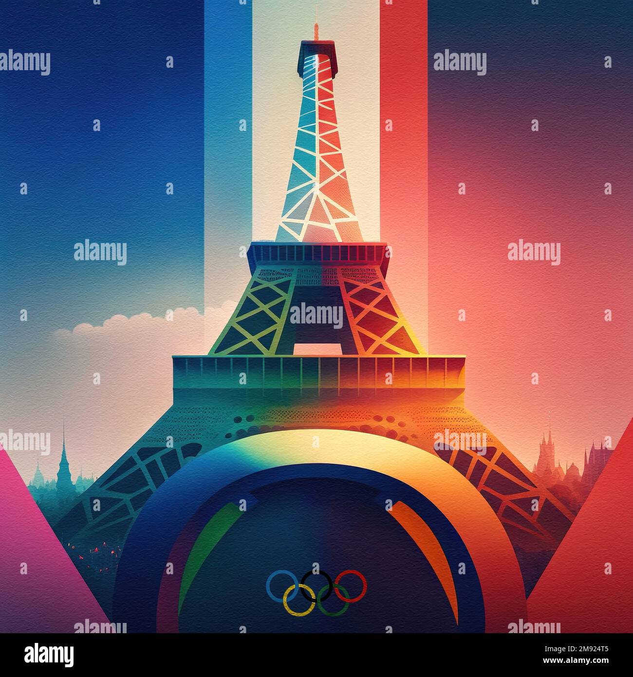 Eiffel Tower under the colors of France for the Olympic Games 2024 in