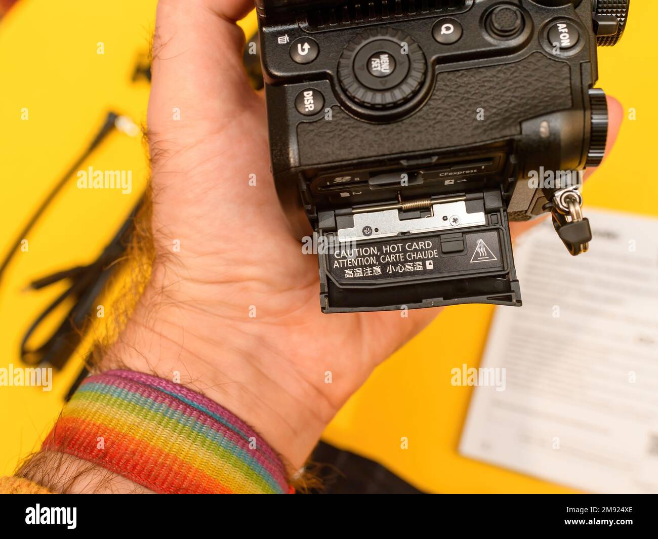 Paris, France Nov 20, 2022 Caution hot card text on slot CF Express