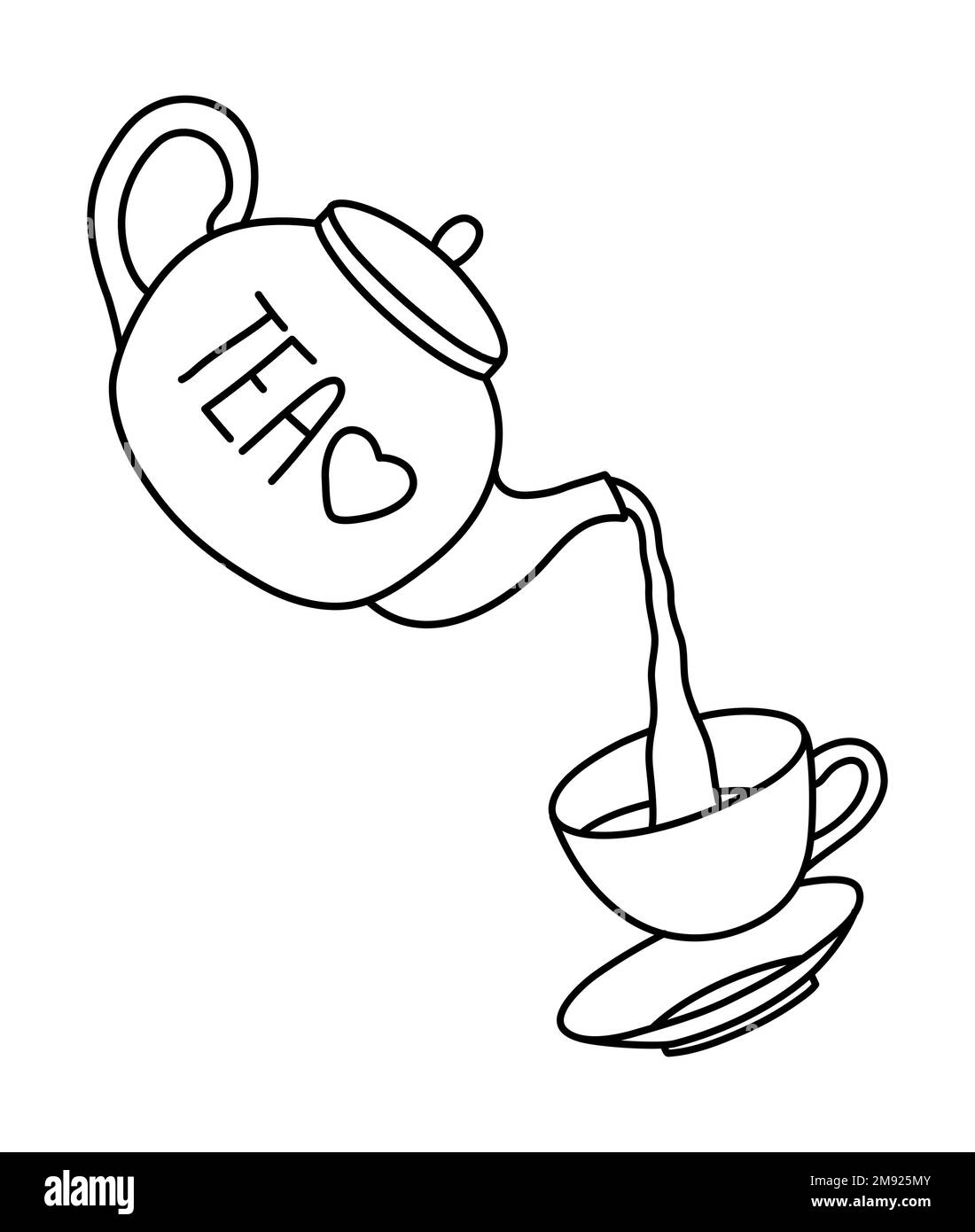 Teapot pouring tea into a tea cup line art illustration Stock Vector