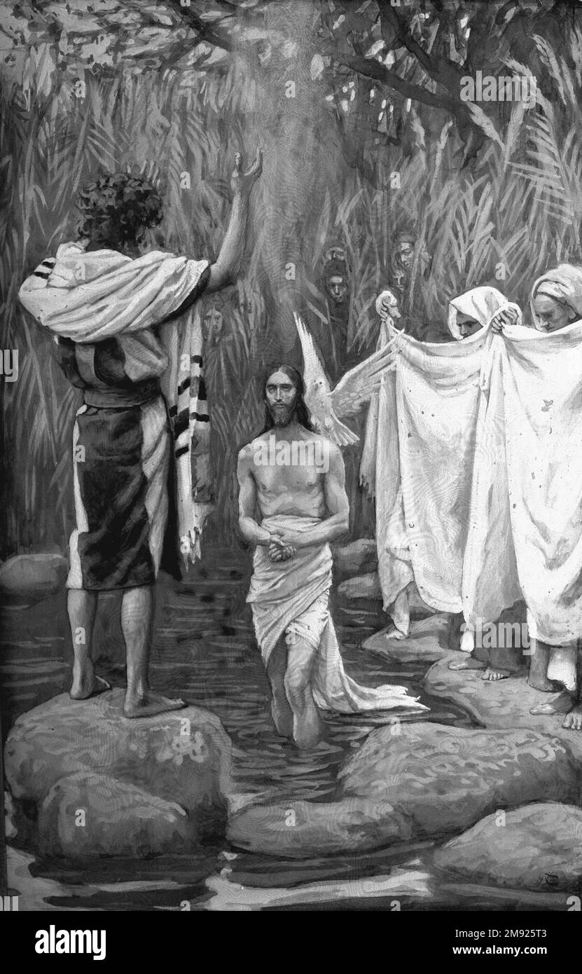 The Baptism of Jesus (Baptême de Jésus) James Tissot (French, 1836-1902). The Baptism of Jesus (Baptême de Jésus), 1886-1894. Opaque watercolor over graphite on gray wove paper, Image: 8 1/2 x 5 1/2 in. (21.6 x 14 cm).  According to Matthew, Jesus travels from Galilee to Judaea to be baptized by John the Baptist in the Jordan River. Although John humbly protests and suggests that it is he who should be baptized by Jesus instead, Jesus insists. Here, a dove descends from the heavens as Jesus emerges from the water, while a voice from above calls him “my beloved Son.” Perhaps in reference to ear Stock Photo