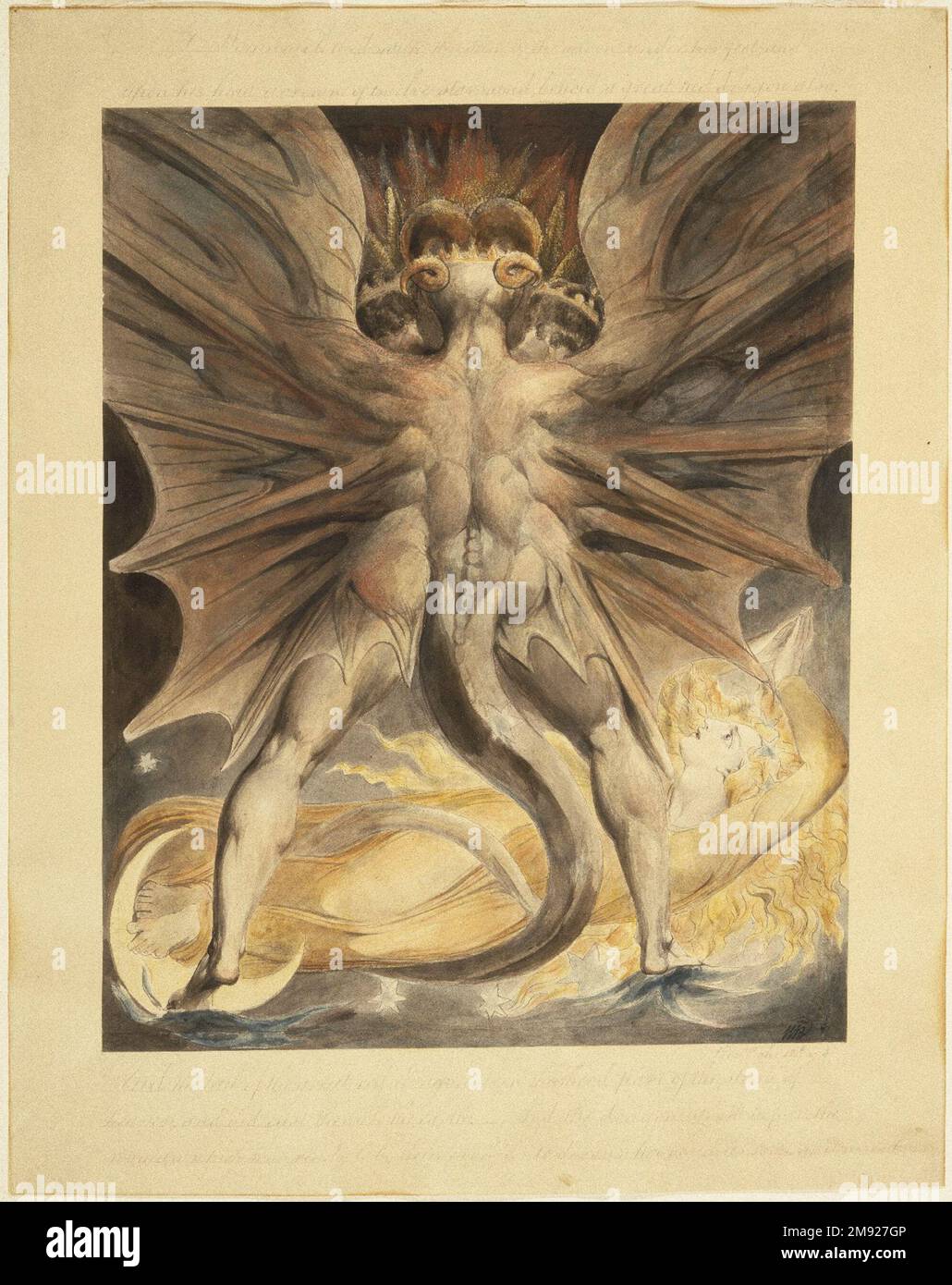 The Great Red Dragon and the Woman Clothed with the Sun (Rev. 12: 1-4) William Blake (British, 1757-1827). The Great Red Dragon and the Woman Clothed with the Sun (Rev. 12: 1-4), ca. 1803-1805. Black ink and watercolor over traces of graphite and incised lines on wove paper, Image: 17 3/16 x 13 11/16 in. (43.7 x 34.8 cm).  After the French Revolution, artists such as the printmaker, painter, and poet William Blake drew subject matter from the biblical book of Revelation to contemplate the tumult of their era. This watercolor refers to the appearance of “a great wonder in heaven, a woman clothe Stock Photo