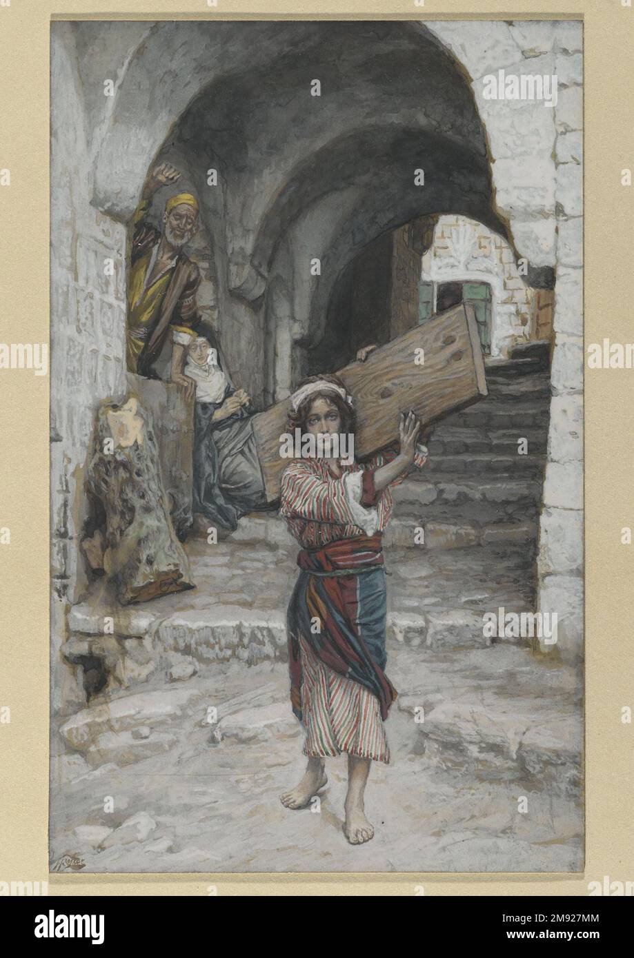 The Youth of Jesus (Jeunesse de Jésus) James Tissot (French, 1836-1902). The Youth of Jesus (Jeunesse de Jésus), 1886-1894. Opaque watercolor over graphite on gray wove paper, Image: 8 13/16 x 5 9/16 in. (22.4 x 14.1 cm).  Although the Gospels are silent on the years between Christ’s childhood and his ministry—providing no specific indication of his training or education—Tissot adheres to tradition and depicts Jesus as a faithful son to his earthly father, assisting Joseph with the work of the carpentry shop. In his commentary, Tissot spurned apocryphal legends of wondrous doings by the Christ Stock Photo